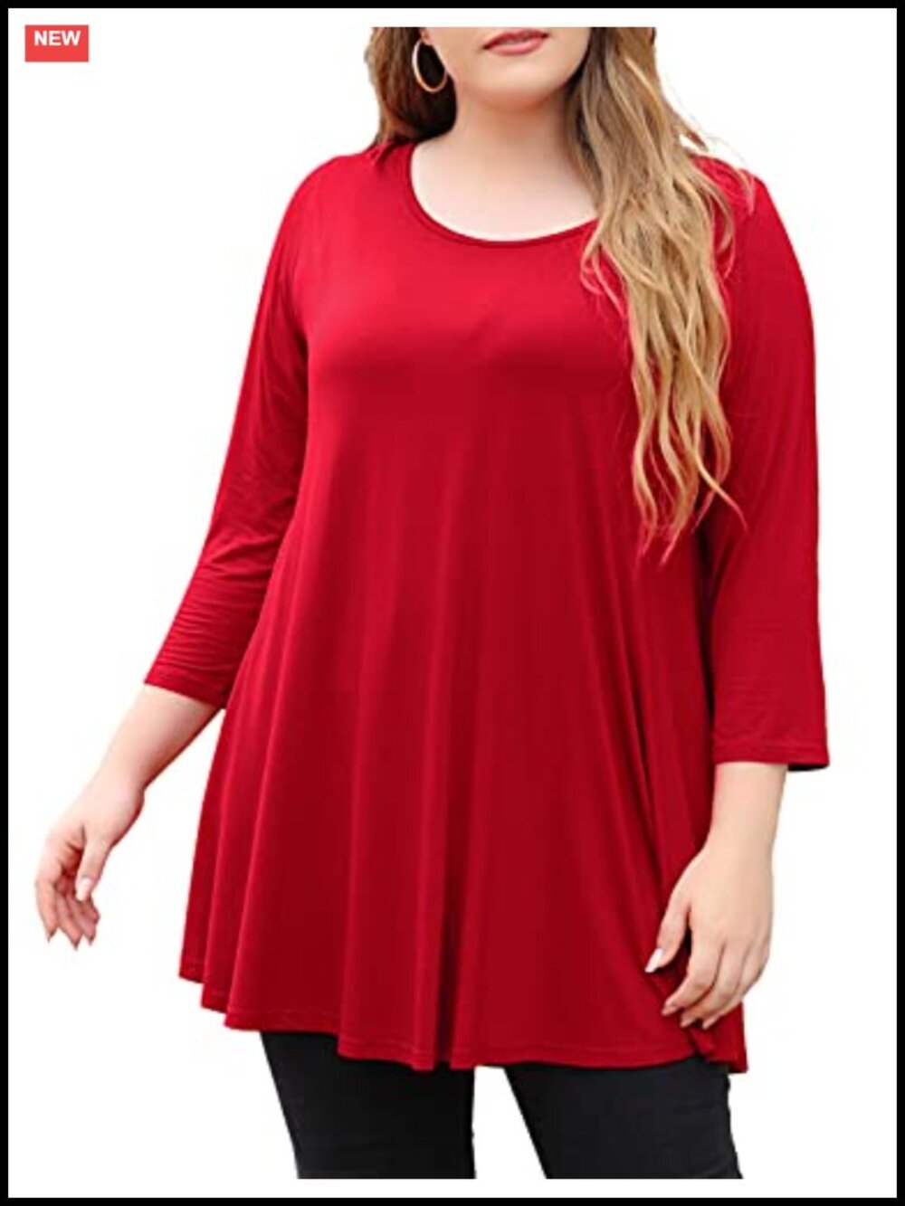 Plus Size 3/4 Sleeve Tunic Top Loose Fit Swing Hem Womens Shirt